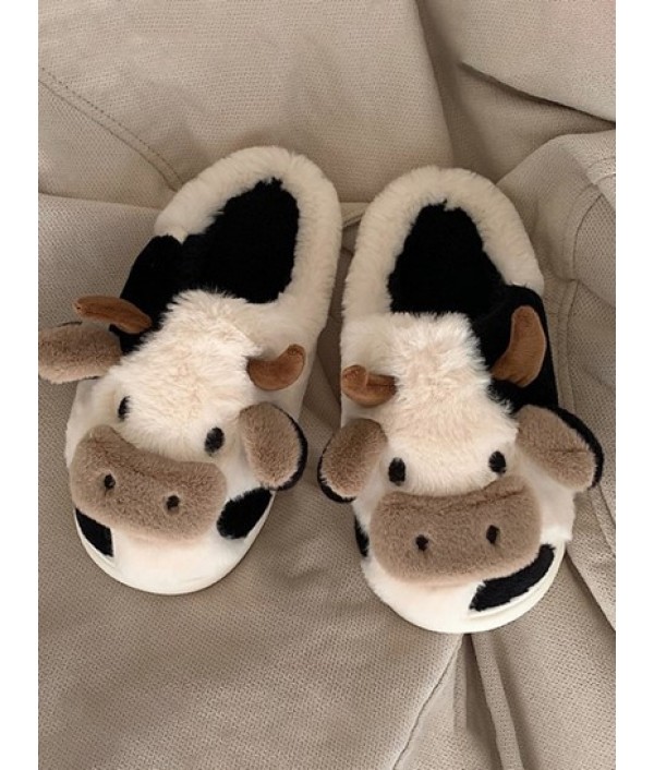 Cartoon Cow Design Fluffy Warm Bedroom Slippers