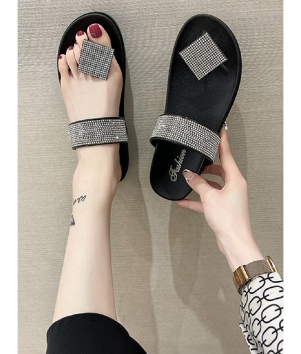 Rhinestone Embellished Thick Sole Flat Thong Slides