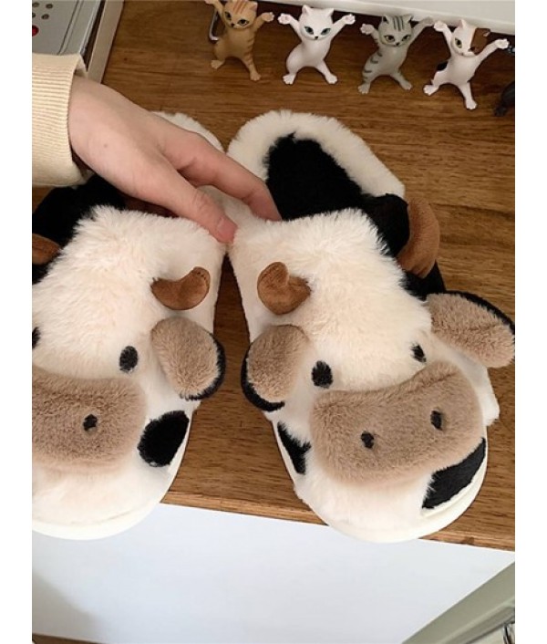 Cartoon Cow Design Fluffy Warm Bedroom Slippers