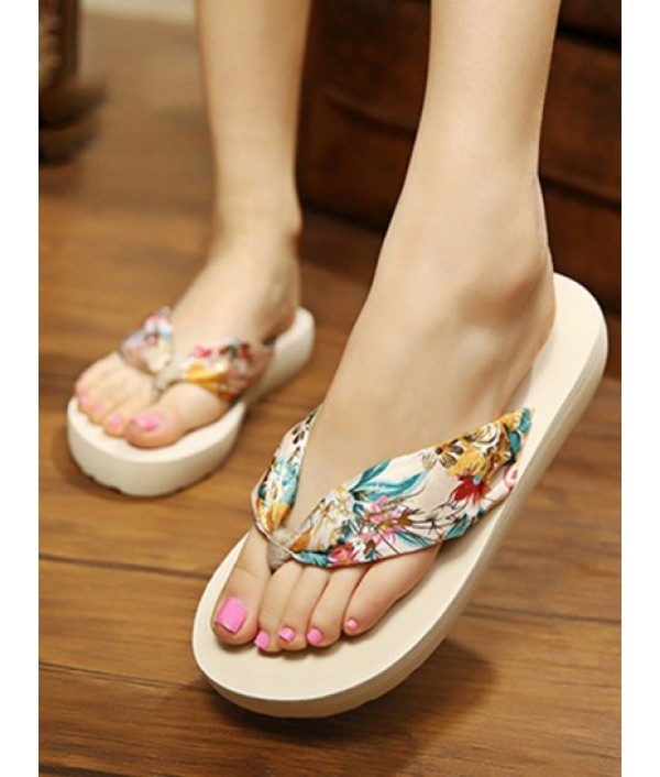 Bohemia Flowers Pattern Wedge Heel Non-slip Flip Flops