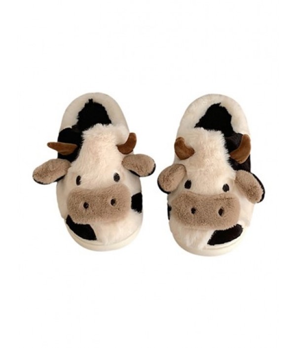 Cartoon Cow Design Fluffy Warm Bedroom Slippers