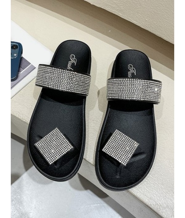 Rhinestone Embellished Thick Sole Flat Thong Slides